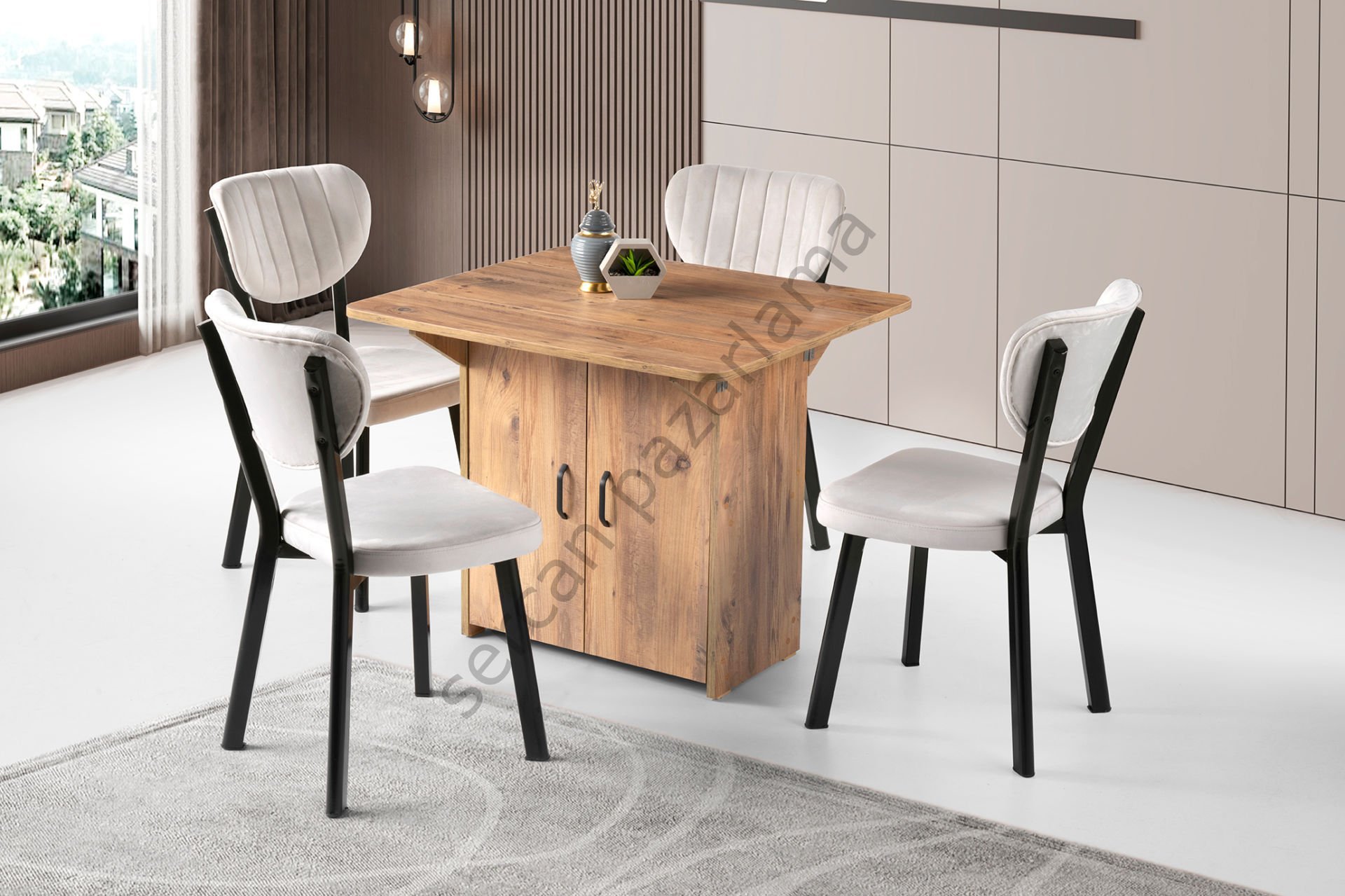 1327-2316 - İzmir Dolaplı Masa Sandalye Takımı - Çam