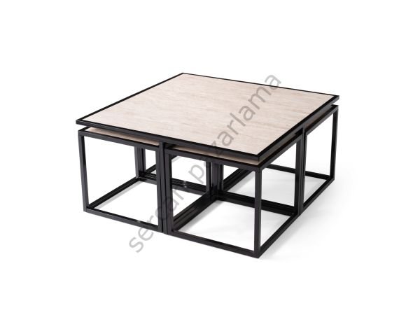 4475 - Kares Orta Sehpa - Siyah/Traverten