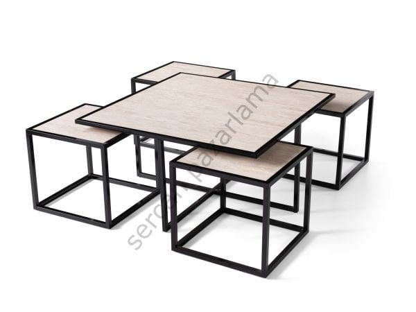 4475 - Kares Orta Sehpa - Siyah/Traverten