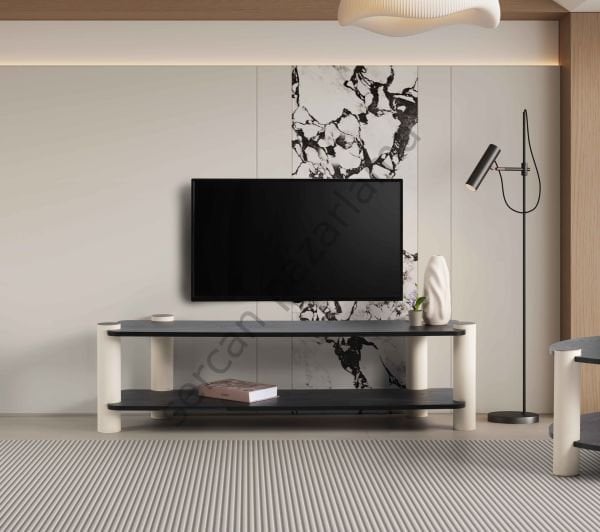 3573-4513 - Serra Tv Ünitesi & Orta Sehpa Seti - Senkron Siyah/Ekru