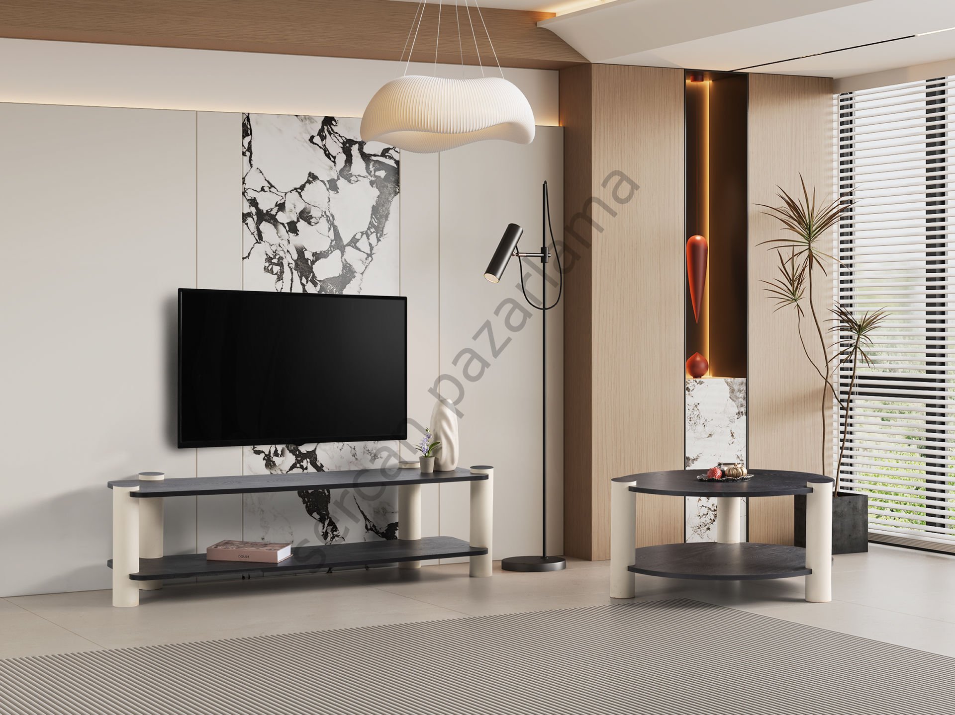 3573-4513 - Serra Tv Ünitesi & Orta Sehpa Seti - Senkron Siyah/Ekru