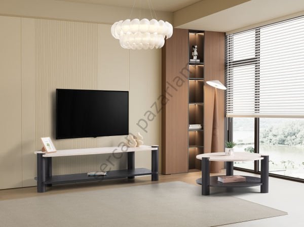 3574-4514 - Serra Tv Ünitesi & Orta Sehpa Seti - Traverten/S.Siyah