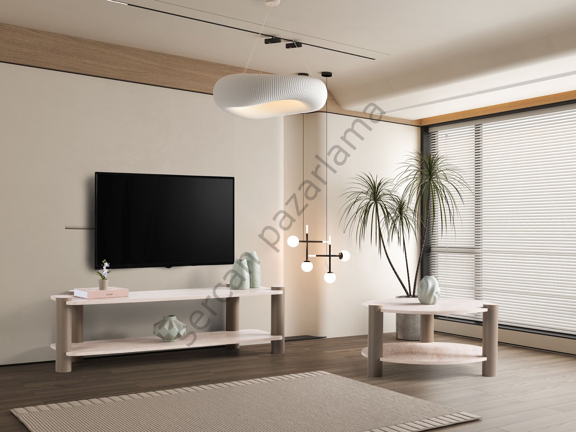 3575-4515 - Serra Tv Ünitesi & Orta Sehpa Seti - Traverten/Cappucino