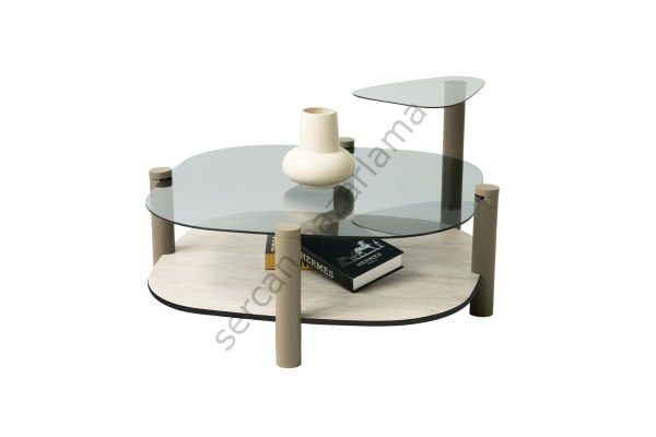 4456-8212 - Mono Orta Sehpa Seti - Traverten/Cappucino/Füme Cam