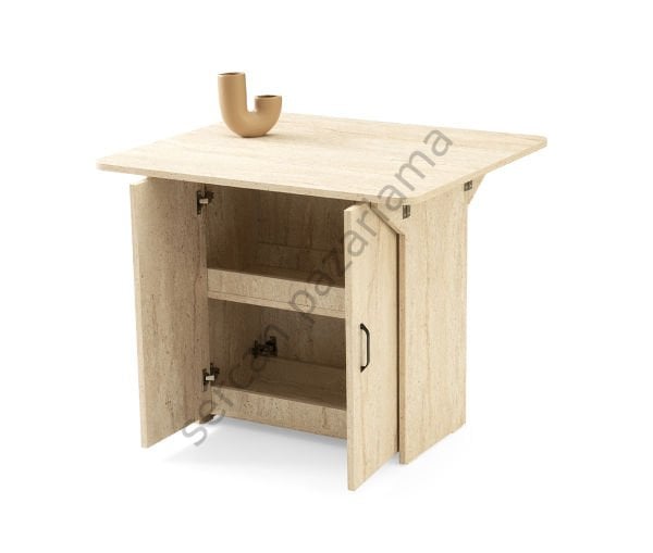 1328 - İzmir Dolaplı Masa 80x90 - Traverten