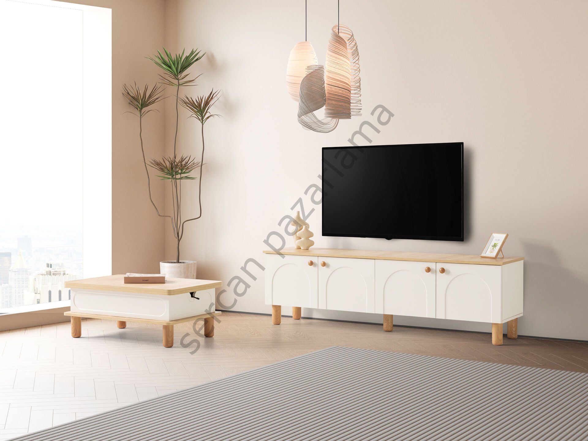 3562-7236 - Açelya Tv Ünitesi & Akıllı Sehpa Seti - Ekru/Meşe