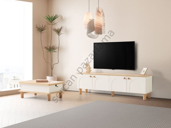 3562-7236 - Açelya Tv Ünitesi & Akıllı Sehpa Seti - Ekru/Meşe