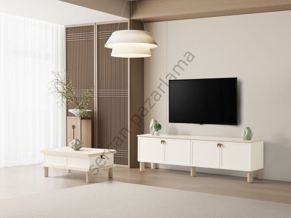3565-7235 - Stil Tv Ünitesi & Akıllı Sehpa Seti - Ekru/Traverten