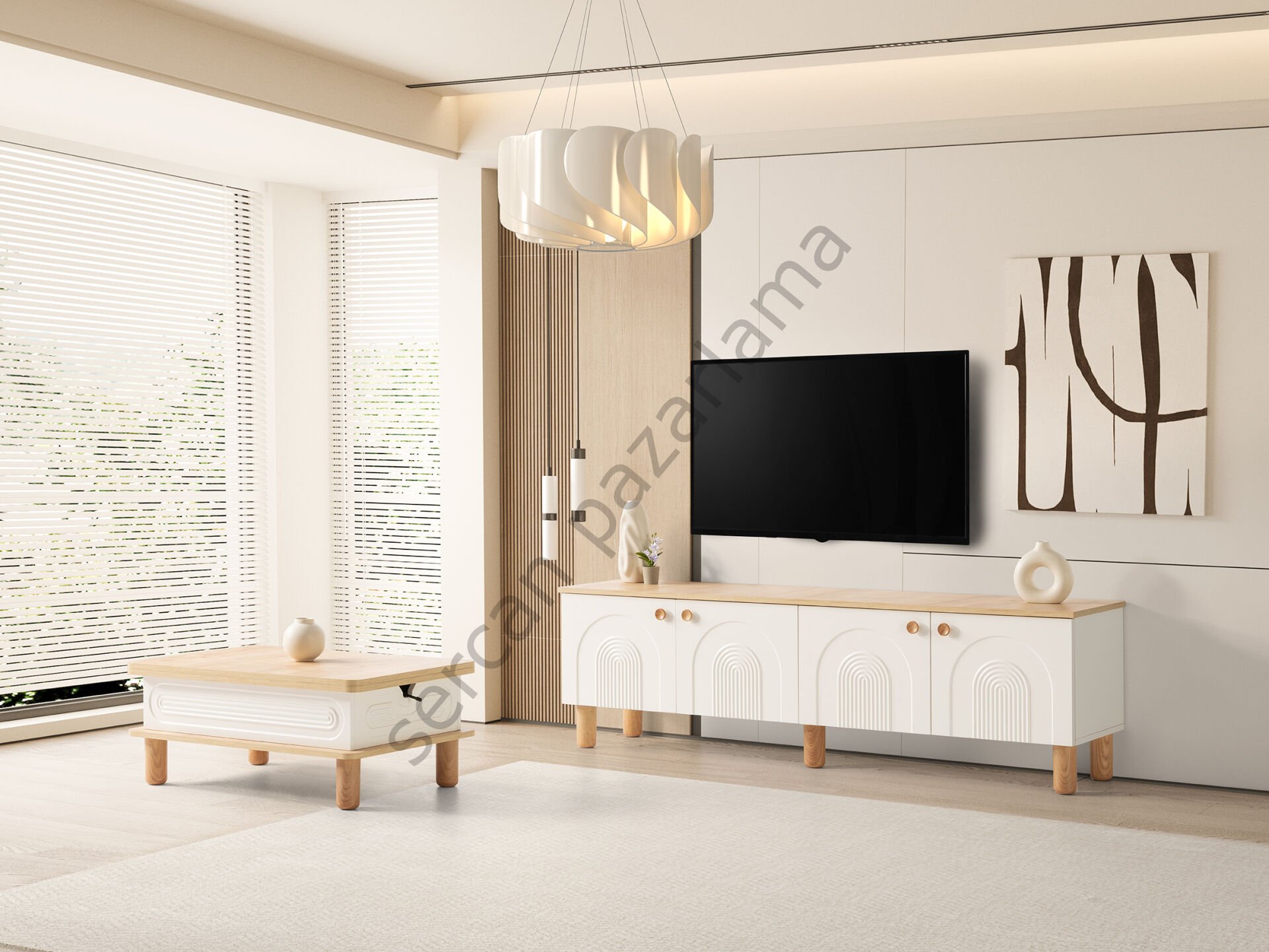 3568-7291 - Lilyum Tv Ünitesi & Akıllı Sehpa Seti - Ekru/Meşe