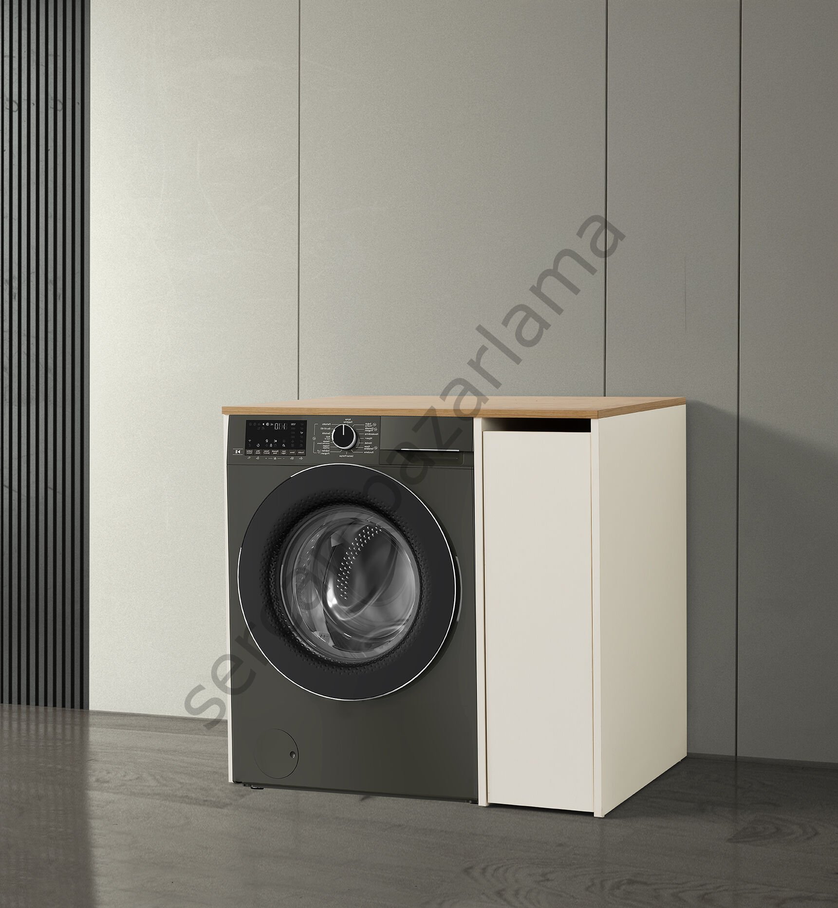 3187 - Çamaşır Makinesi Dolabı - Yan Dolaplı - Ekru/Meşe