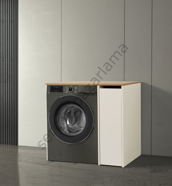 3187 - Çamaşır Makinesi Dolabı - Yan Dolaplı - Ekru/Meşe