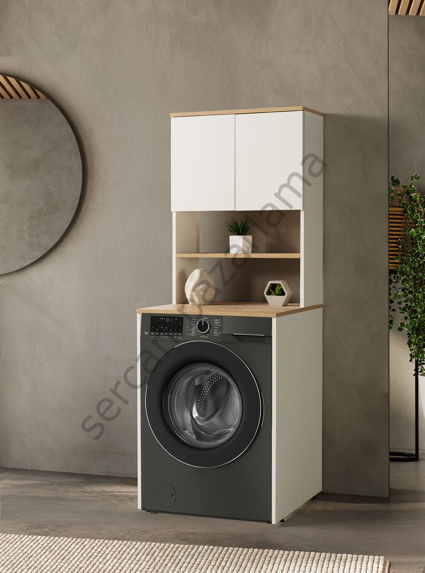 3185 - Çamaşır Makinesi Dolabı - Üst Dolaplı - Ekru/Meşe