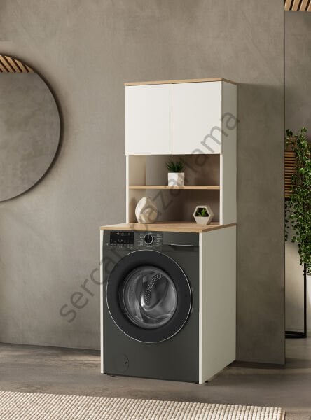 3185 - Çamaşır Makinesi Dolabı - Üst Dolaplı - Ekru/Meşe