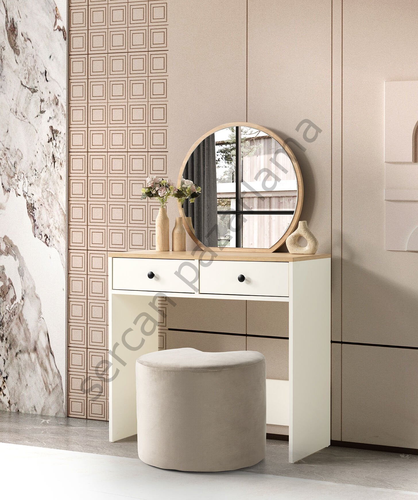 3376 - Rüya Makyaj Masası Ana Blok - Ekru/Meşe