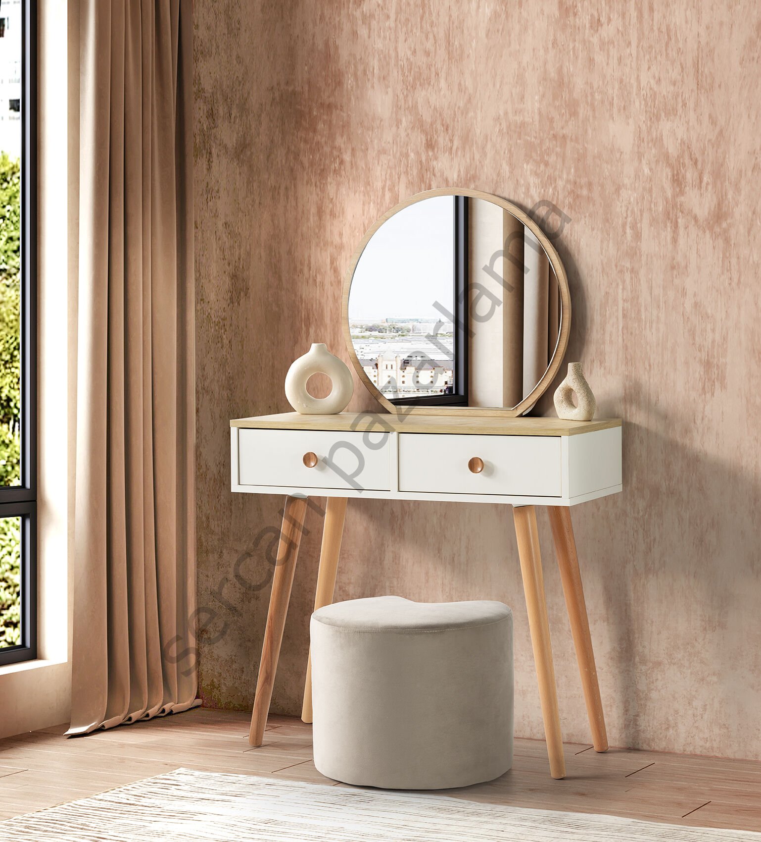 3371 - Duru Makyaj Masası Ana Blok - Ekru/Meşe/Naturel