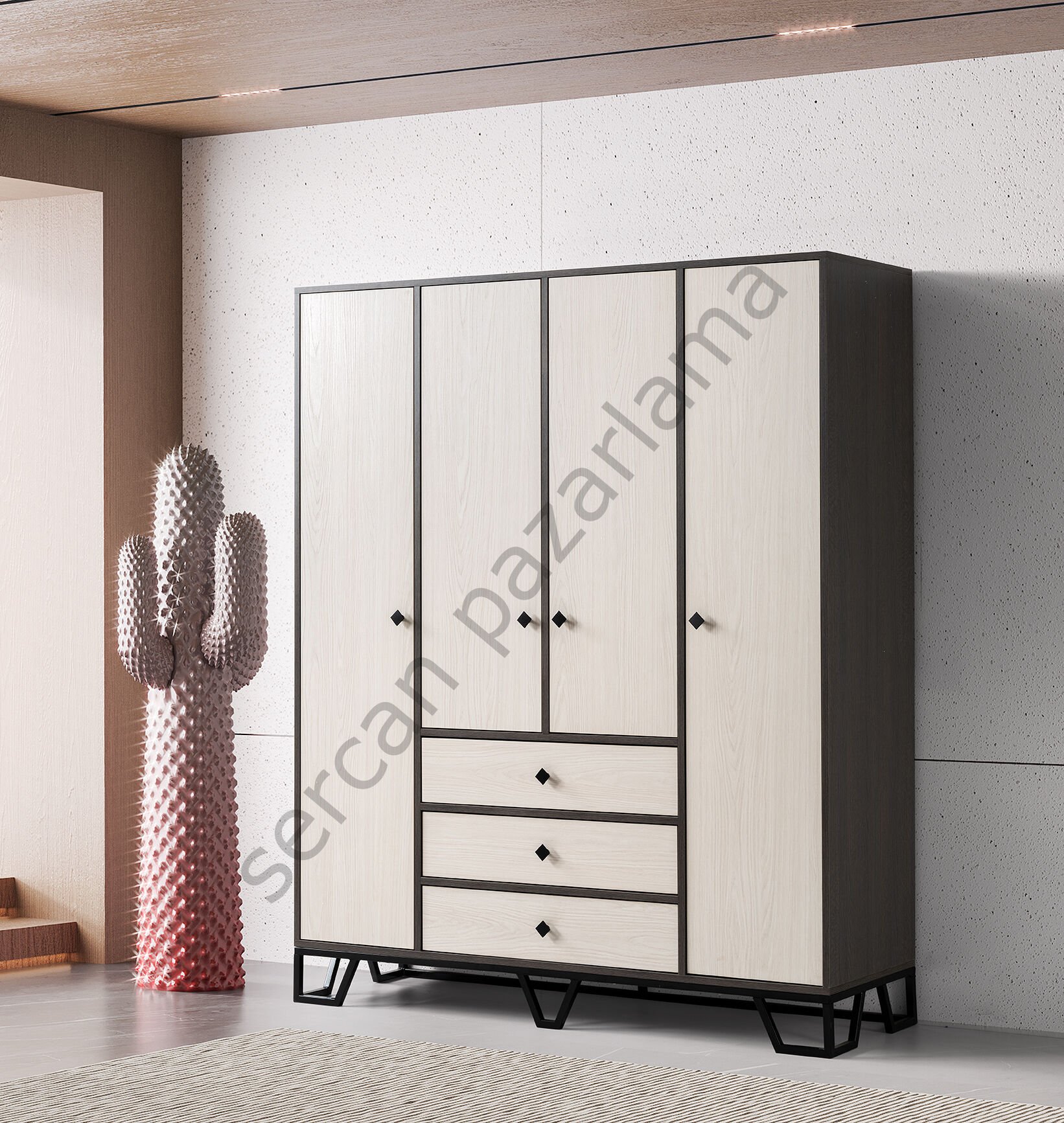 3733 - Luna Dört Kapaklı Dolap - Antrasit Meşe/Monet