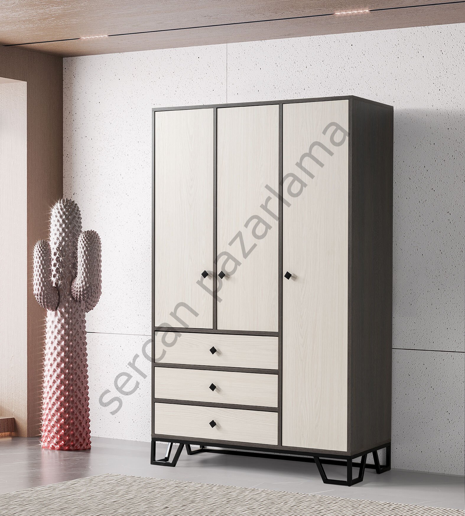 3732 - Luna Üç Kapaklı Dolap - Antrasit Meşe/Monet