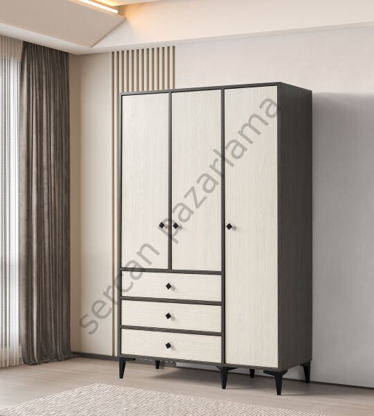 3741 - Mira Üç Kapaklı Dolap - Antrasit Meşe/Monet