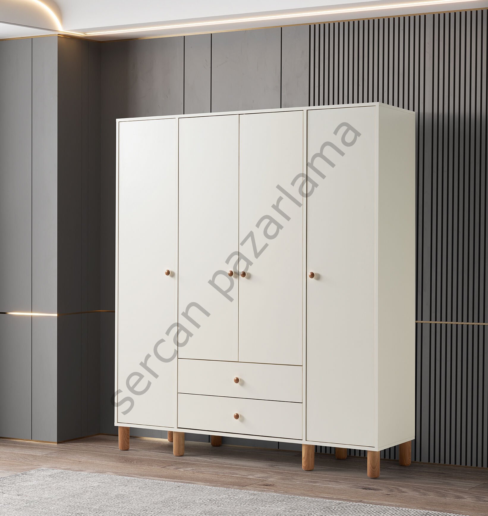 3763 - Hira Dört Kapaklı Dolap - Ekru