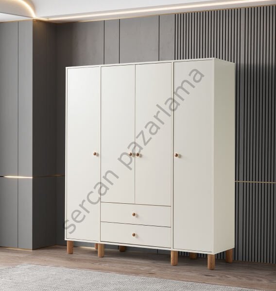 3763 - Hira Dört Kapaklı Dolap - Ekru