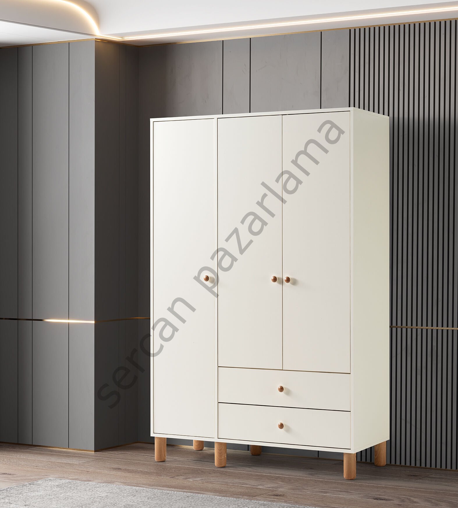 3762 - Hira Üç Kapaklı Dolap - Ekru