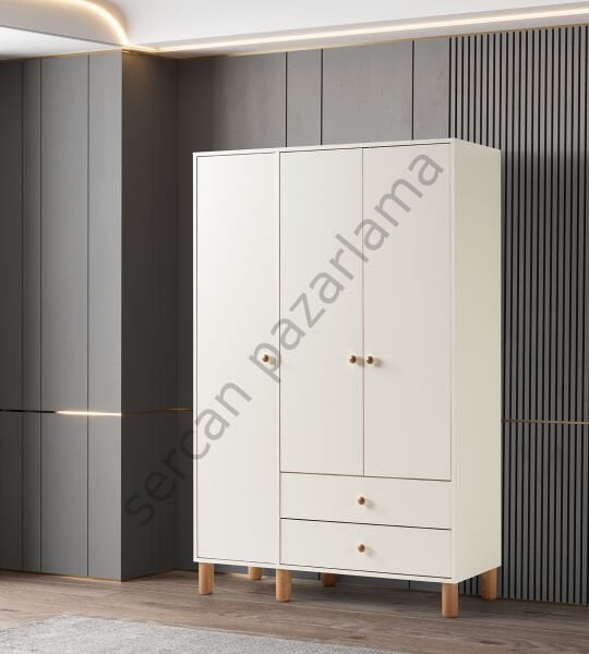 3762 - Hira Üç Kapaklı Dolap - Ekru