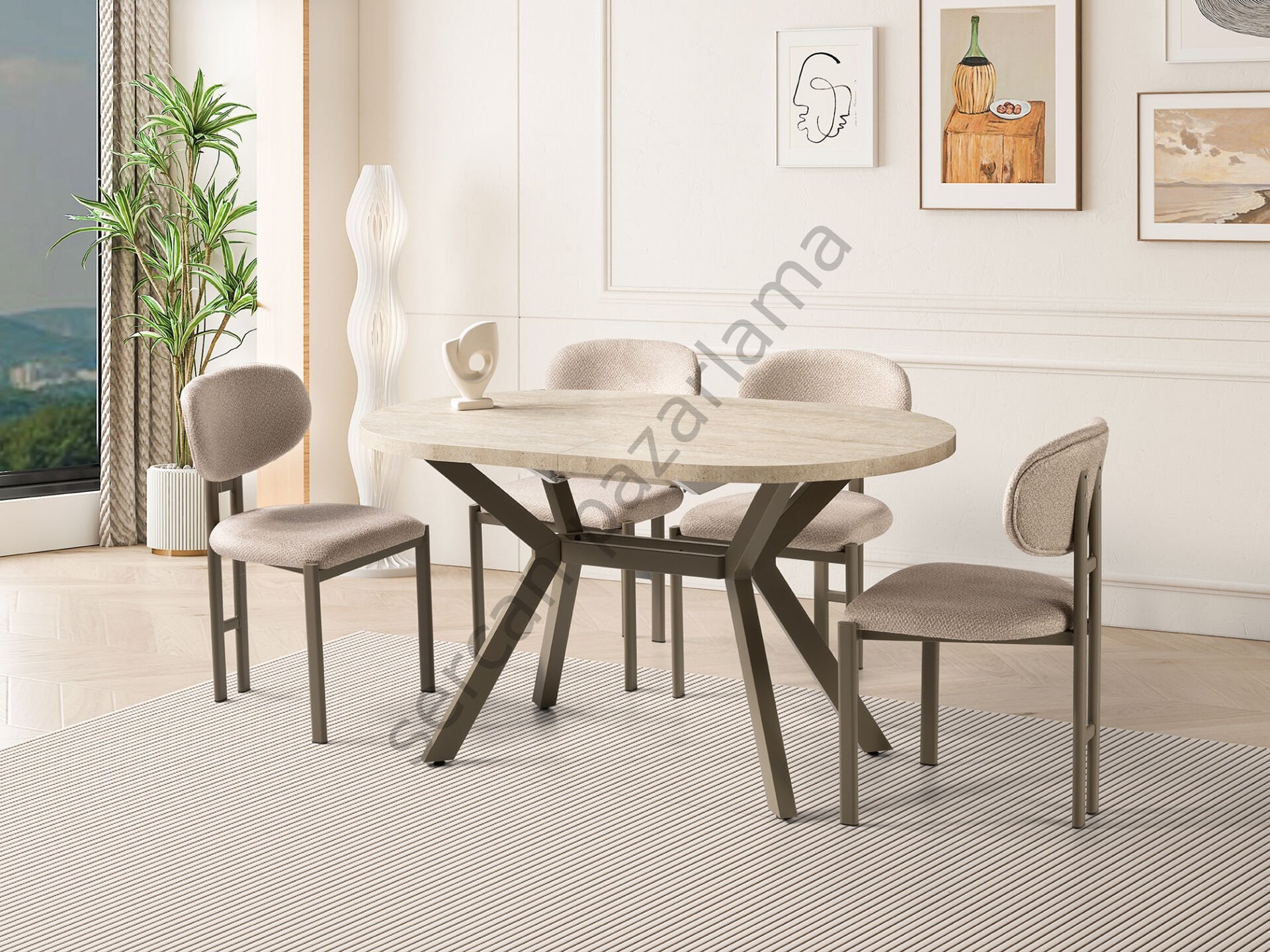 1215-2238 - Haliç Masa Sandalye Takımı - Traverten/Cappucino