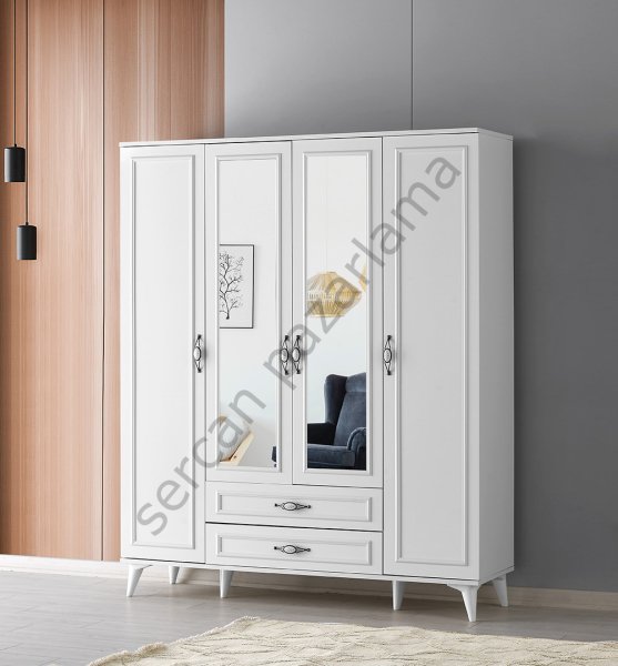 3243 - Nehir Dört Kapaklı Aynalı Dolap - Ekru